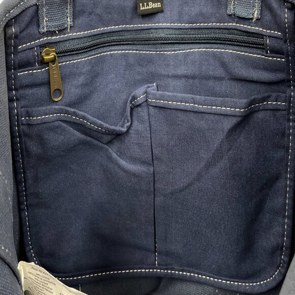 L.L. Bean Blue Cotton Canvas Leather Tote Bag Women's Multiple Pockets - Picture 6 of 9